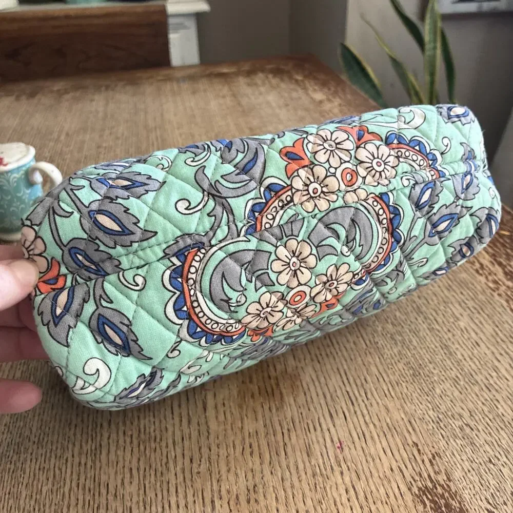 Vera Bradley Cosmetic Bag Set Of 2 FAN FLOWERS Makeup Travel With Mirror Aqua